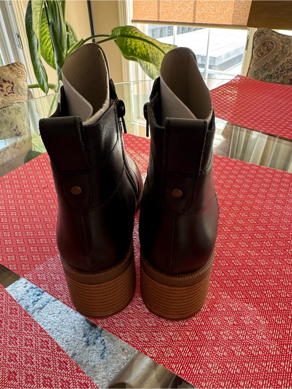 Clarks Black Leather Platform Ankle Boots with Brown Stacked Heel